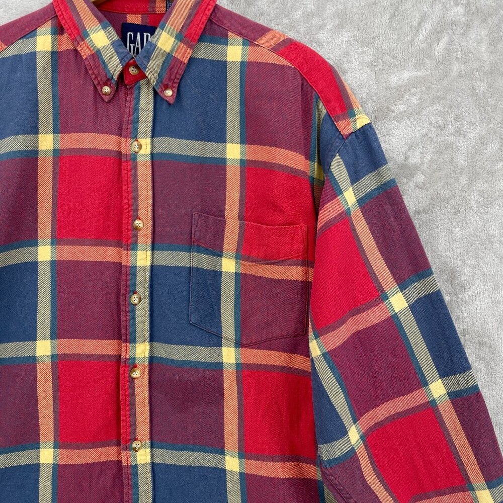 Gap Vintage Red Blue Plaid 100% Cotton Long Sleeve Button Front Shirt - Picture 2 of 10
